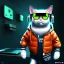 Placeholder: Scottish cat toddler, smile, cyberpunk headphone, sunglass, gangsta neckless, full body, orange puffer jacket, tokio background, dramatic lighting, hyper realistic, unreal engine 5, 16k