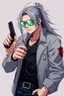 Placeholder: male cyberpunk solo with long hair tail, Norwegian, Wearing Leisureware and mirrored sunglasses, armed with heavy revolver, lean, nice, correct hands and fingers, Anime Style, Retroanime, Video Game Character,