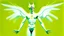 Placeholder: A surreal humanoid figure with white skin, green hair styled into a tall point, wearing glasses, with a transparent torso revealing internal organs, white wings on the back, holding a yellow figure in the lower torso, against a yellow background with a red curved line