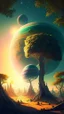 Placeholder: alien landscape with trees and sunlight and planets