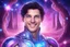 Placeholder: cosmic bionic beautiful men, smiling, with light blue eyes and straight blu dark hair in a magic extraterrestrial landscape with pink fairy forest stars and bright beam