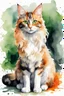 Placeholder: Watercolor illustration of a beautiful cat with long, wavy, thick hair, pointed ears, bright green eyes, orange, black and white colors, ultra quality, (((full body))), sitting on the floor