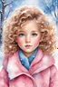 Placeholder: In a magical children's illustration, a beautiful girl with light brown curly hair is depicted wearing a stylish pink coat. Her eyes sparkle like brilliant blue gems, adding an adorable touch to her appearance. She is surrounded by a serene snow landscape, transporting the viewer into a whimsical winter wonderland. The illustration brings this enchanting scene to life through the use of watercolor, using vivid and vibrant colors that make the entire artwork burst with imagination and joy.