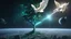 Placeholder: matrix universe, space, planets, god creation, angels from other dimensions with beautiful wings, trees on the planet, behind green crystals of light, few tiberium monolith deposits on the planet near tree,