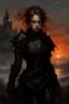 Placeholder: A formidable warrior girl in black armor, on the background Amazing gloomy landscape, flooded with sunset, mountains, trees, fabulous scary hero, , juicy emotions, painting, dark fantasy, gloomy day, dark world, portrait, Gothic Town At Night, Fantasy, Intricate Details, Castle Courtyard Gardens, Hyper Detailed, Jean Baptiste Monge, Carne Griffiths, Michael Garmash, Seb Mckinnon, Alex Maleev, Masterpiece