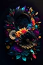 Placeholder: logo design, complex, trippy, bunchy, 3d lighting, realistic head, colorful, floral, flowers, cut out, modern, symmetrical, center, abstract, circular shape, black background, texture, high detail