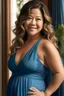 Placeholder: Gina Rodriguez in transformed state, naturally blonde curls, radiant glow, dress perfectly fits, accentuating ample pregnancy curves, nine-month pregnant silhouette, facial features refined, serene expression, maternally radiant. The maternity dress elegantly drapes over her transformed figure, emphasizing the curves and the pronounced pregnancy. The enchantment complete, Gina stands as a vision of maternal beauty, embodying the essence of a 25-year-old, six-month-pregnant woman within the magic