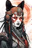 Placeholder: front facing portrait illustration of a gothpunk armored female kitsune vampire mercenary , beaded dreadlock hair, wearing an ancient ornate japanese kitsune mask , and shemagh, highly detailed with gritty post apocalyptic textures, caught in a cosmic maelstrom of swirling gases , finely detailed facial features and hair, in the graphic novel style of Bill Sienkiewicz, and Jean Giraud Moebius, ink wash and watercolor with realistic light and shadow