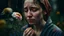 Placeholder: portrait of a crying woman, rain, flowers