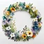 Placeholder: watercolor and alcohol ink, botanical, small flowers on bottom left and top right , big round wooden wreath, white inside, white background, minimal