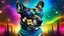 Placeholder: a cool dog with sunglasses walking outside under a nebula night sky. intricate details. amazing city backdrop. natural tones. hearts, rainbows