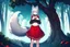 Placeholder: Lonely Girl, forest, gray hair, wolf ears, wolf tail, open navel, hands on chest, blushing, standing by a tree, collar on neck, very short red skirt, blood on hands, long nails, wolf hair on legs, more red eyes, glowing mushrooms on trees, big tail