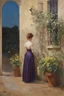 Placeholder: Night, one woman, house, vegetations, flowers, dirt, gothic and mistery, konstantin korovin, and gustave caillebotte paintings