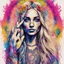 Placeholder: sketch illustration, tie dye wearing pretty hippie woman with aflower in her long blonde hair giving the victory sign with fingers, background is psychedelic zentangle, groovy neon acid wash, peace signs, ink splatter, by Russ Mills and Alex Grey