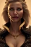 Placeholder: Cameron Diaz as evil queen in black leather gown, cleavage, angry, dominant, emperious, stern look unreal 5, octane render,cinema4d, dynamic lighting, dramatic lighting, 4k, redshift render, highly detailed, hyper realistic