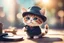 Placeholder: cute chibi spy cat in detective clothes and hat with magnifying glass, watching pictures with it in sunshine, ethereal, cinematic postprocessing, bokeh, dof