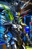 Placeholder: A humanoid being made entirely of sharpened metal blades and spikes stands before a mechanical tree. Photograph.