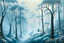 Placeholder: A light palish blue foggy forest with birds painted by Thomas Hart Benton