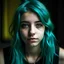 Placeholder: A portrait of a 16 years old girl. She has got turquoise hair and black eyes.