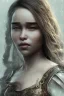 Placeholder: Perfect Emilia clarke face, warrior clothes, fullbody, highly detailed face, highly realistic, fog, fire, particles