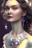 Placeholder: full body woman, from Russian Federation , elegant dress, elegant curled hair , 19 years old ,earring, nice make up,8k, Candid avant garde portrait, charming woman, wearing Lovely Flower Diamond Pendant, octane render 3d, plastic material