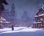 Placeholder: A magical town square with river canals for warlocks and witches in snowy Christmas