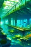 Placeholder: style anime manga Underwater on a bright summers day latitude 350 south calm clear water ambient light bright mid-green looking along the length of a large pier from underneath. In the background a beautiful Norwegian mermaid swims gracefully between the pylons richly covered with brightly coloured sponges, kelp, algae seahorses fish octopus stingray