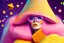 Placeholder: 60s era fashion model wearing color pencil shavings, space inspired, stars, pop colors, pencils, big colorful glasses, big fuzzy hat, paper dress, full body fashion, long pink hair, hyperrealistic, 4k, big yellow eyes, v4