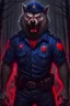 Placeholder: 130 kg angry werewolf in a cop uniform with blood in the woods belgium realism