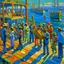 Placeholder: Vivid color oil painting of a brass band standing on the pier in front of a small fishing harbor, orchestra, jazz club 1 9 3 0 seconds, band playing instruments, musician, musicians, band, musicians playing instruments, the last orchestra, conductor, by Aaron Douglas , Jazz Quintet, by Carey Morris, band player, concert, by Baron Storey, entertainer, by Jasper Knudsen, silhouettes