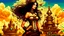 Placeholder: exotic sci-fi steampunk pin-up girl, with long dark hair, on an alien planet with cloud trees, tall spires, buildings, arches and bridges