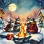 Placeholder: group of anthropomorphic mice, clinking their glasses by a cozy fire, in a cheerful outdoor snowy scene, surrounded by winter Christmas decorations. Warm colors, starlit dramatic sky, full moon, beautiful pastel-color fog in the background, falling snowflakes. Inspired by "The Nightmare Before Christmas". watercolor and ink painting, Intricate details, Complex contrast, soft Cinematic Volumetric lighting, perfectly composed masterpiece