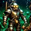 Placeholder: 90's tcg art silver steampunk male diver with power armor and huge pauldrons fantasy glowing helmet underwater