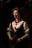 Placeholder: Full body image, Head to toe, Katherine Hepburn, well-shaped, perfect body, perfect face, large earrings, a necklace with a ruby heart jewel, a dark, stained wall in the background, oil painting in the art style of Gilbert Stuart