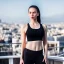 Placeholder: professional photo of a beautiful young woman, gorgeous beauty, sweaty pale skin, symmetrical face, wearing white sports bra, toned stomach, perfect boobs, dense voluminous hair, rooftop terrasse gym in background, penthouse environment, stunning background with city view, cinematic lighting, highly detailed, intricate, sharp focus, (((depth of field))), (((f/1.8))), 85mm, (((professionally color graded))), (((dusk))), soft diffused light, volumetric fog, hdr 4k, 8k