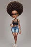 Placeholder: Create a magna chibi image of a black female with shoulder length tightly curl afro, black silky and brown eyes. Long eye lashes wearing a torn jeans and tank top with diamond studded "pretty" on the front, sandals , plus size body style. Diamond studded glasses and hoop earrings forward facing, 2k, white background