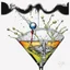 Placeholder: Surreal martini caricature, by Michael Godard, white vapor, black background, splash art.