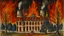 Placeholder: A dark brownish scarlet castle with flaming swords designed in medieval tapestry painted by Maurice Utrillo