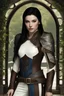 Placeholder: pale skin, Realistic photography, realism, female half elf, beautiful, young, dark hair, long and subtle stylish layer straight hair style, front view, intricate white leather armor with blue streaks, dark aristocrat pants, standing, blue detailed plating, detailed part, brown dark eyes, green garden background behind window, dawn, full body shot, looking at viewer