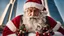 Placeholder: Insanely detailed realistic Santa clause, humanly features, real hair and beard, godly face, calm mood, with his traditional backpack full of gifts, near Dubai downtown, Burj Khalifa in the background, Cinematic lighting, no blur, sharp focus, photorealistic, insanely detailed and intricate, snow falling, Shot on a Hasselblad high format camera. Award winning photography. cinematic photography and lighting, real photography, epic scene, 8k, sledge full of gifts,