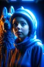 Placeholder: portrait of dog on a karate girl in the style of giger, spraypaint, photorealism, trending on artstation, 8k, depth of field, downlight, lightrays, volumetric, white hall podium, blue and orange