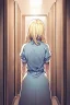 Placeholder: blonde girl walk in a corridor, back view, line arts, manga style