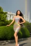 Placeholder: full body long shot of beautiful Tajik woman with make up ,high heels,pretty body shape ,standing nice high heels Tajik in street next to white house, hair in the wind, the gaze lost. diamonds and precious stones. fog. candy. pleasing rainbow colors to look at. high resolution. Perfect face. long shot ,sharp focus background ,camera :f/22 , White Hose be in sharp focus .