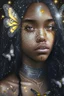 Placeholder: A 3D photorealistic fantasy portrait of a beautiful teenage black girl with glittering long black hair and yellow glittering sun tattoos drawn on her shiny cheeks with a glittering silver half moon and star tattoo drawn on her forehead and with a magical fantasy forest reflecting in her eyes and sparkling silver butterfly tattoos drawn all over her neck