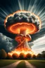 Placeholder: nuclear explosion's mushroom cloud that looks like a tree, with energy lines radiating outward but behind, angelic fantastic lighting, leaves falling