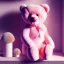 Placeholder: pastel pink teddy bear sitting on a store shelf alone surrounded by dust, sad, drawing