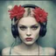 Placeholder: Grunge Polaroid head shot of jessica stam,,she has freckles on her face, pouty lips, red nose, hair adorned with strange flowers, red cheeks and nose, headphone