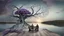 Placeholder: back to the camera a figure sittings on amorph bench in a beautiful landscape and overlooking the water of the nearby lake, calm, harmonious atmosphere, muted dark colors, purple, white, gray, green, blue, brown, silver, black , ,not too colorful colors, Whimsical style and giant stunning neuron network all over the sky, half shadow and half light abyss, surreal stunning vibe
