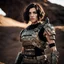 Placeholder: beautiful caucasian female soldier, black metal body and limbs, visible cybernetic limbs, scratched sand camo metal details, short brunette wavy bob haircut, dystopian, desert scene