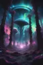 Placeholder: Huge aliens forest, nebula in background, cosmic black and iridescent, split perspective, Neo-baroque digital glitch art, hyper detailed NASA images, photorealistic